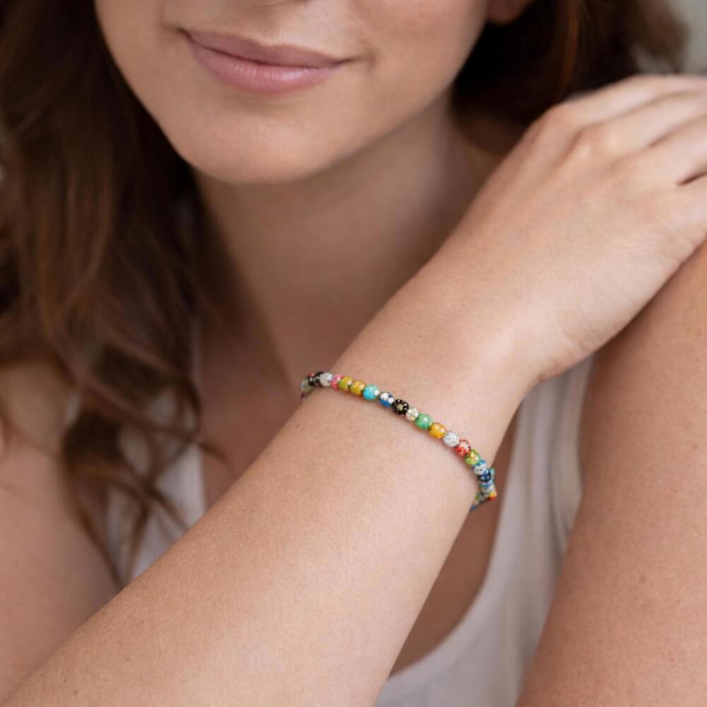 Aleure Precioso Sterling Silver Round Multi Color Glass Bead Strectch Bracelet